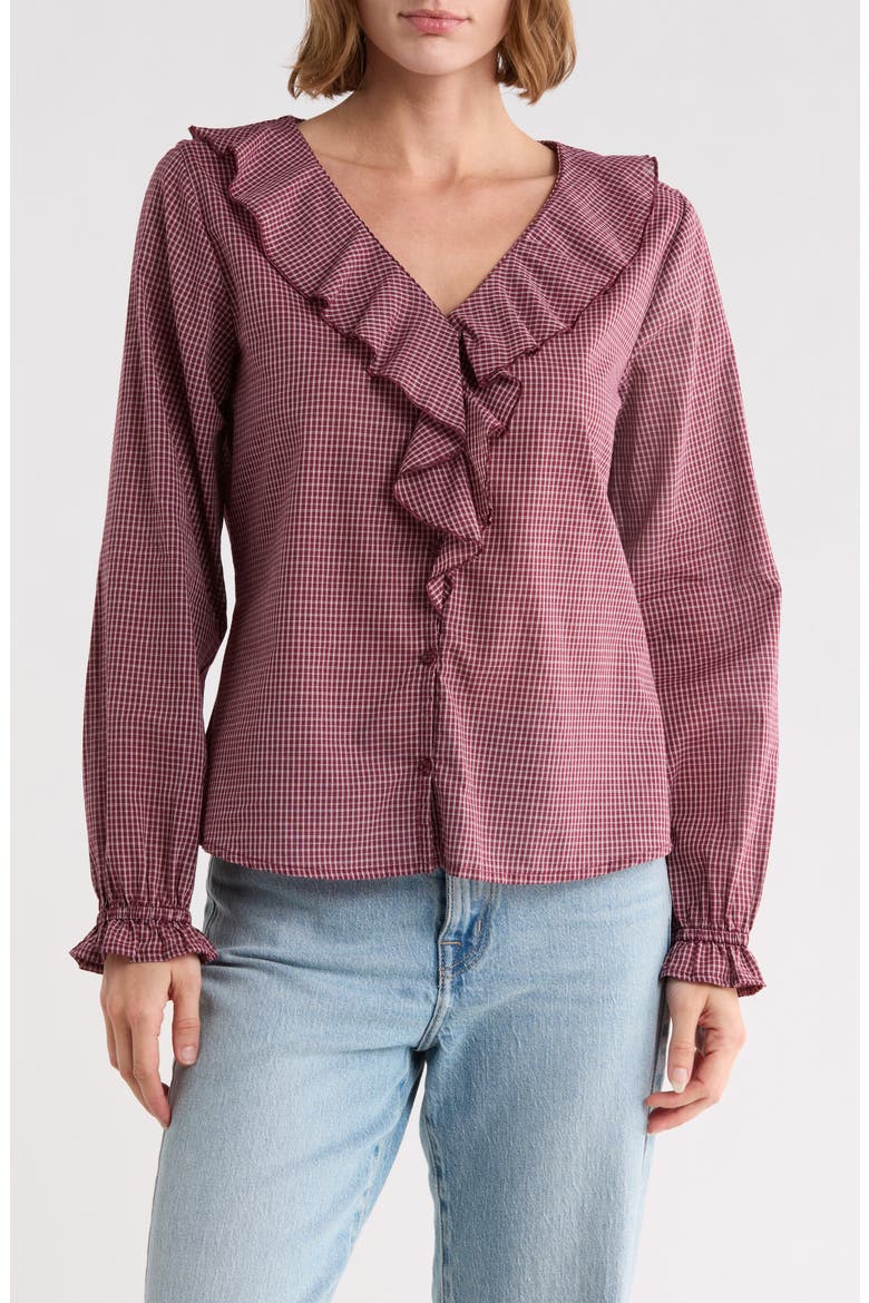 Ruffled Neck Plaid Top, Main, color, WINE NIGHT