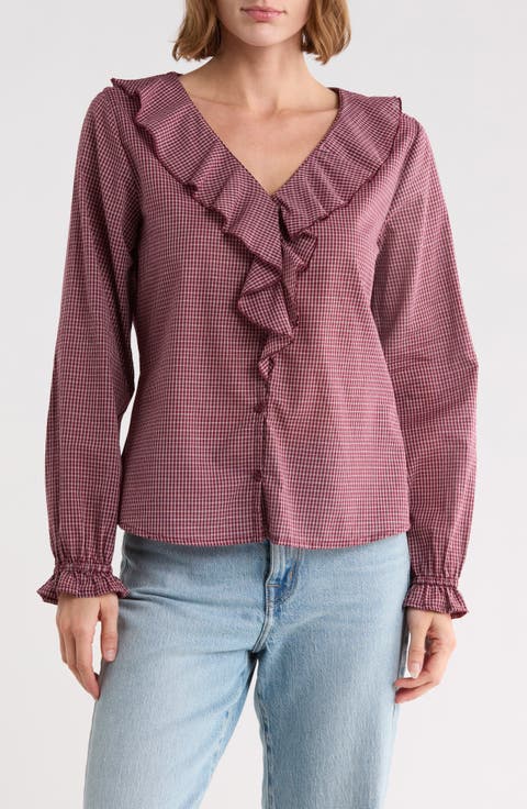 Ruffled Neck Plaid Top