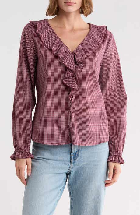 Ruffled Neck Plaid Top