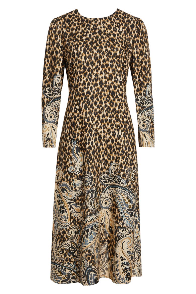 Mixed Print Long Sleeve Midi Dress, Alternate, color, BEIGE