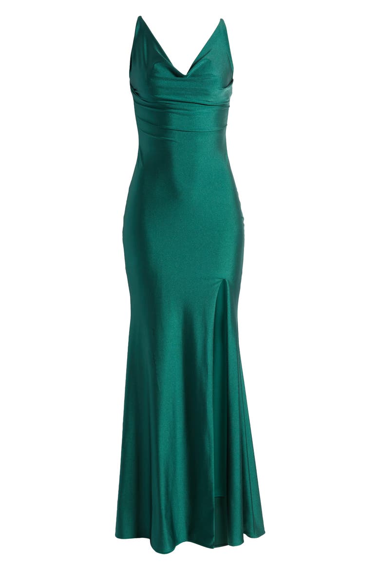 V Neck Jersey Fitted Prom Dress with Tie Up Back, Alternate, color, EMERALD