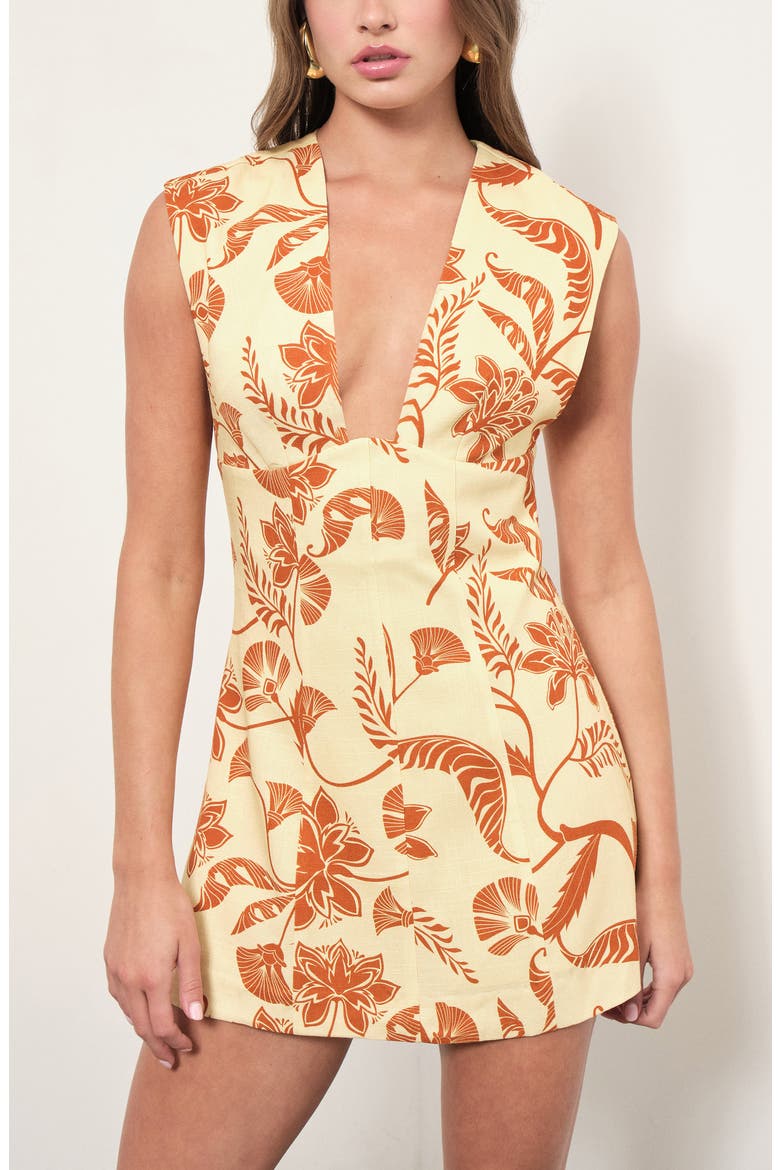 Jenny Botanical Print Plunge Neck Minidress, Alternate, color, MARIGOLD PALM PRINT