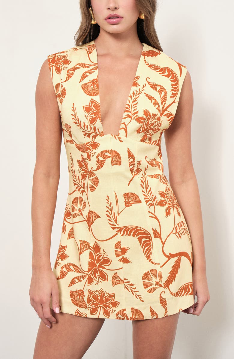 MAUDE CLUB Jenny Botanical Print Plunge Neck Minidress, Alternate, color, Marigold Palm Print