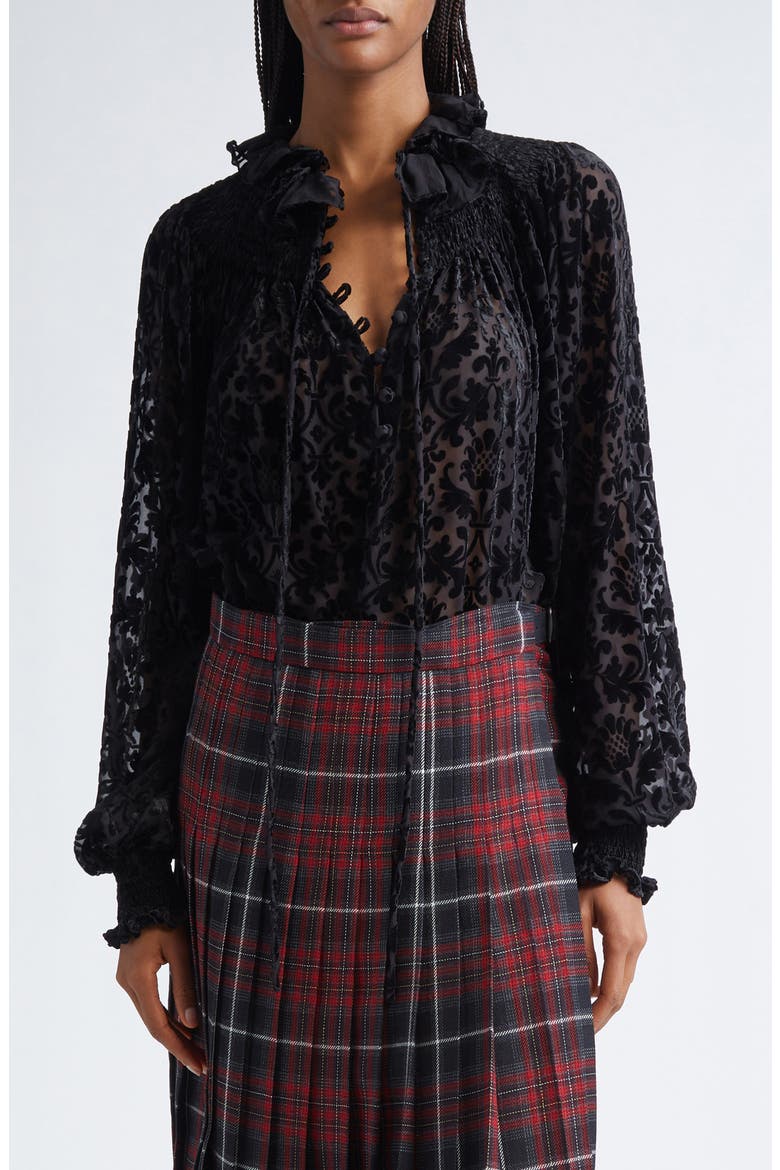 Paisley Flocked Bishop Sleeve Top, Main, color, BLACK IP PATTERN