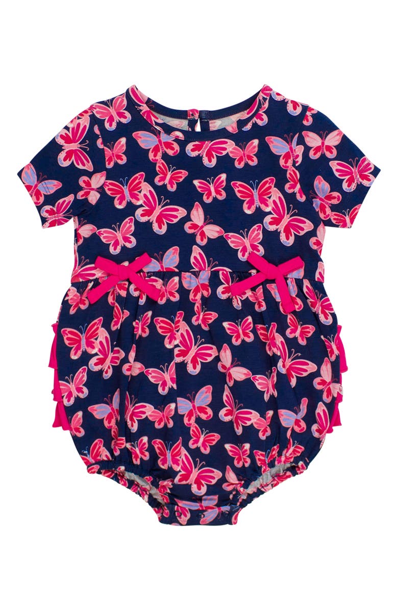 RuffleButts Butterfly Bliss Ruffle Cotton Bubble Romper, Main, color, Blue