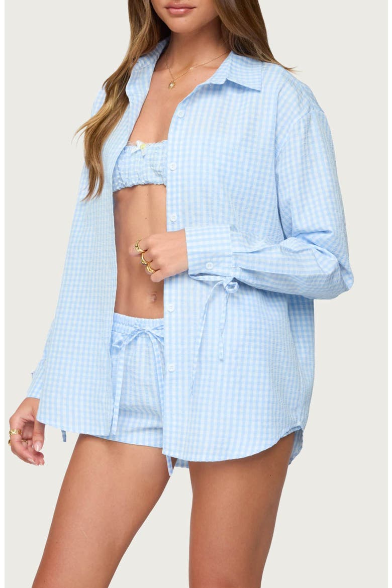 Yaffa Gingham Oversize Seersucker Button-Up Shirt, Alternate, color, LIGHT-BLUE
