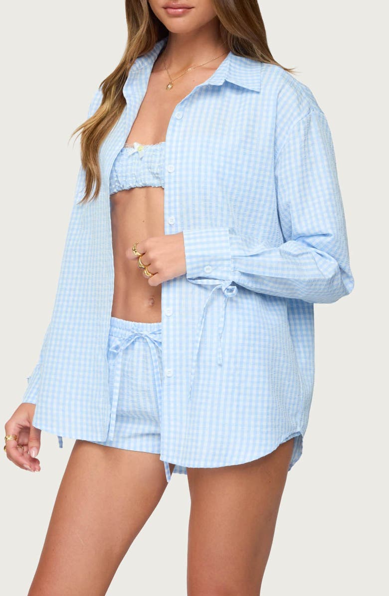 EDIKTED Yaffa Gingham Oversize Seersucker Button-Up Shirt, Alternate, color, Light-Blue