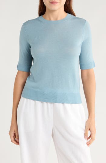 Vince Short Sleeve Wool Blend Sweater In Blue