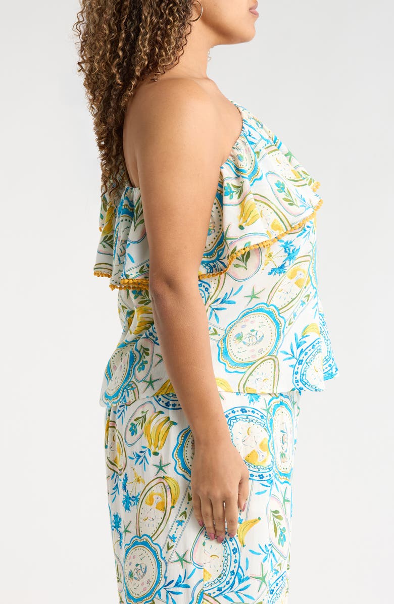 SUGARLIPS Harvest Island Brinley Ruffle One-Shoulder Top, Alternate, color, White/ Blue/ Yellow