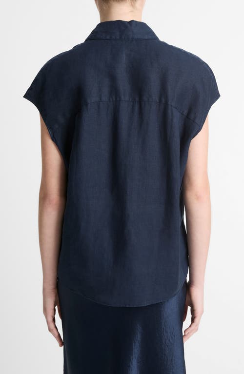 Vince Cap-sleeve Linen Button-front Blouse In Coastal Blue