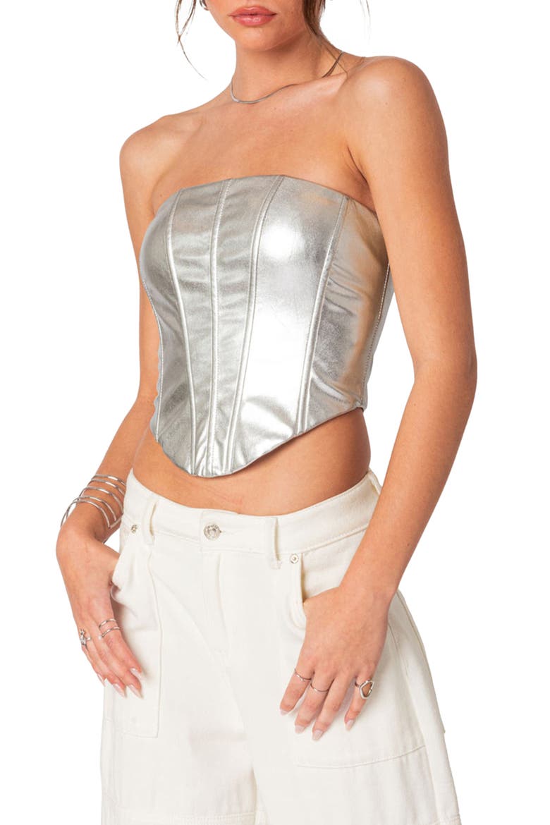 Mabel Metallic Faux Leather Corset Top, Alternate, color, SILVER