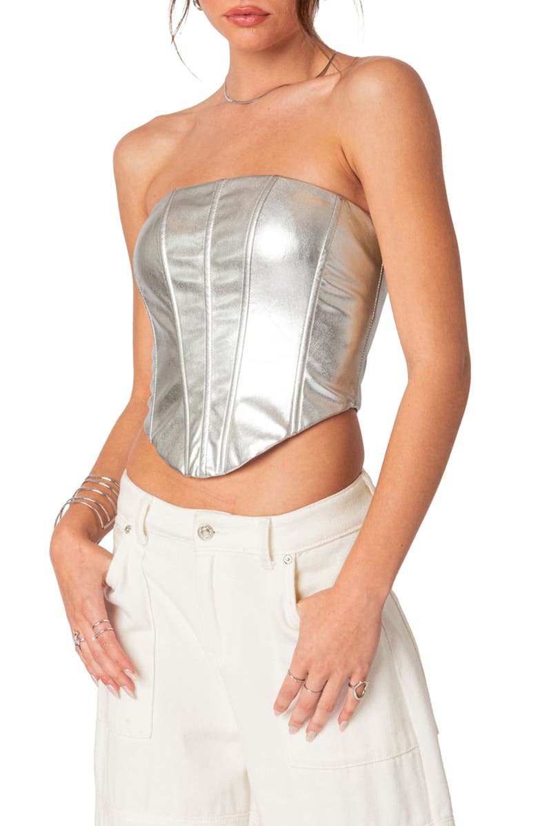 EDIKTED Mabel Metallic Faux Leather Corset Top, Alternate, color, 