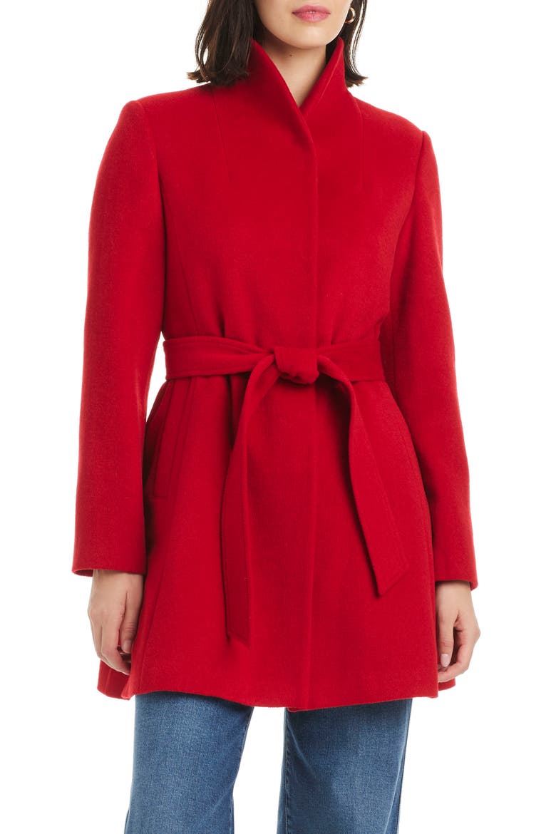 high neck belted coat, Alternate, color, CLASSIC RED