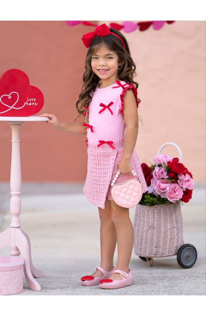 Mia Belle Girls Chic Bows Lace Tank Top and Tweed Skort Set, Alternate, color, Pink