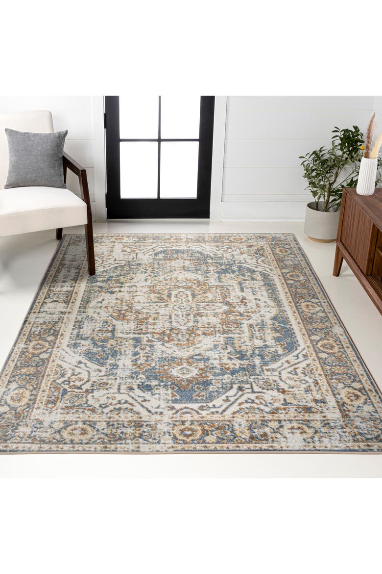 Keesha Bold Distressed Medallion Low-Pile Machine-Washable Area Rug, Alternate, color, Blue/Cream
