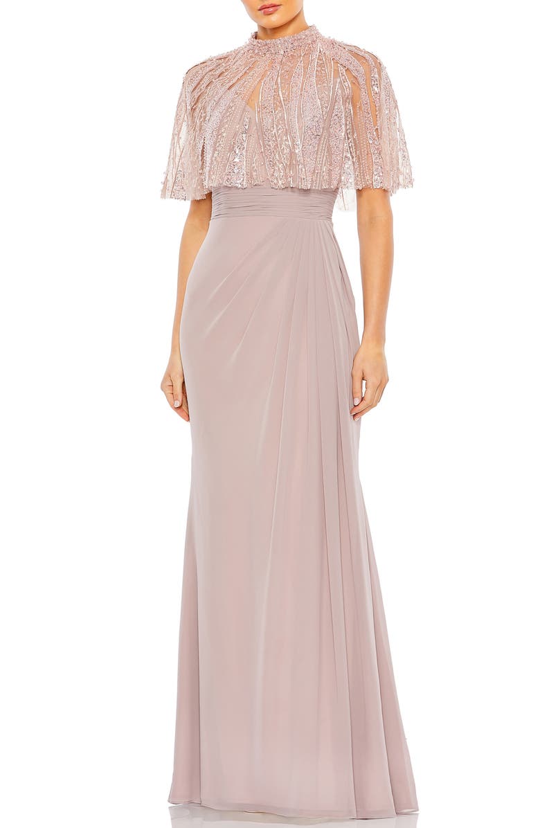 Mac Duggal High Neck Embellished Hand Beaded Cape Evening Gown, Main, color, Rose