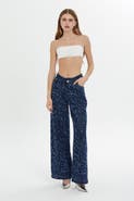 Gizia Belt and Button Detail Front Single-Pleat Wide-Leg Denim Pants