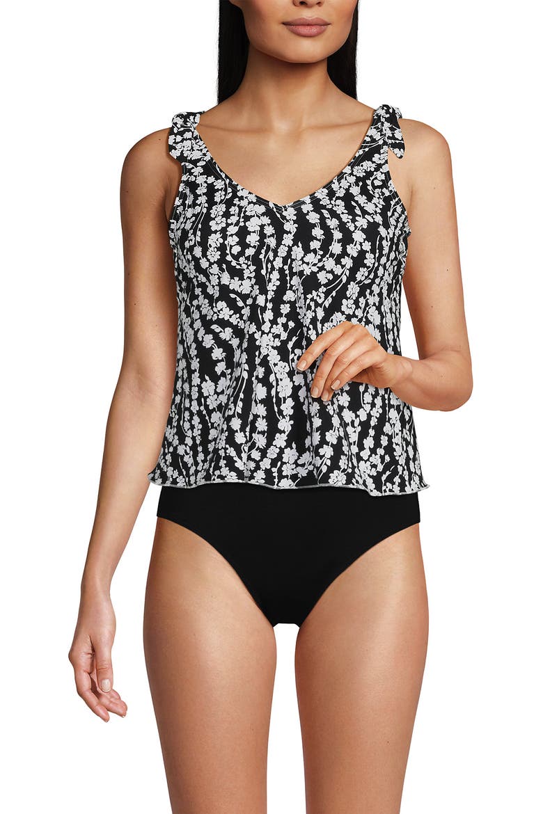 Plus Size Tie Shoulder Flutter Tankini Top, Alternate, color, Black/White Vine Floral