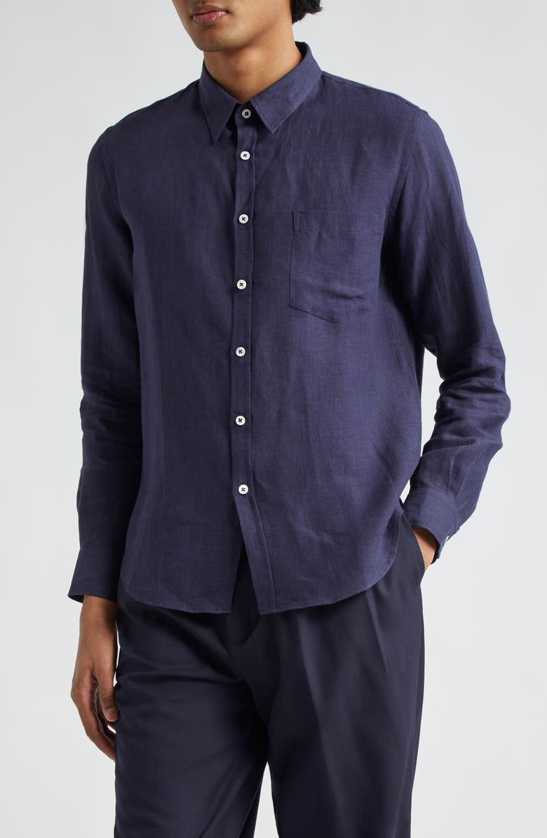 De Bonne Facture Essential Linen Button-Up Shirt, Main, color, Dark Navy