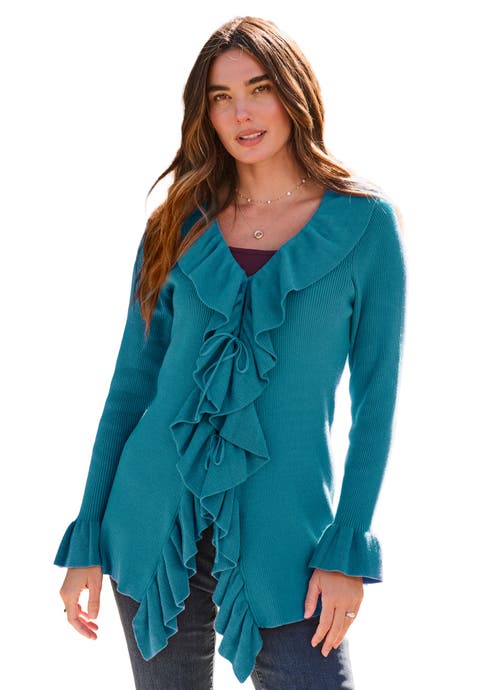 Plus Size V Neck Ruffle Trim Tie Front Cardigan