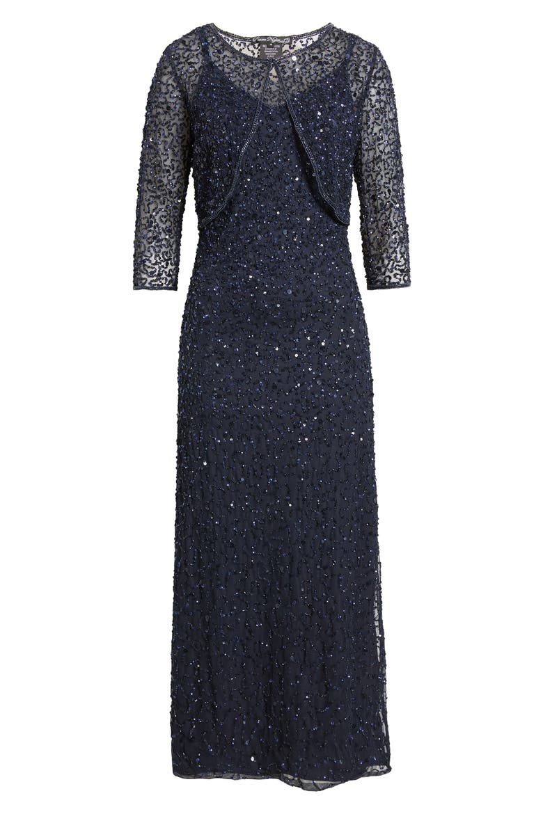 Beaded Sequin Gown with Bolero, Alternate, color, NAVY