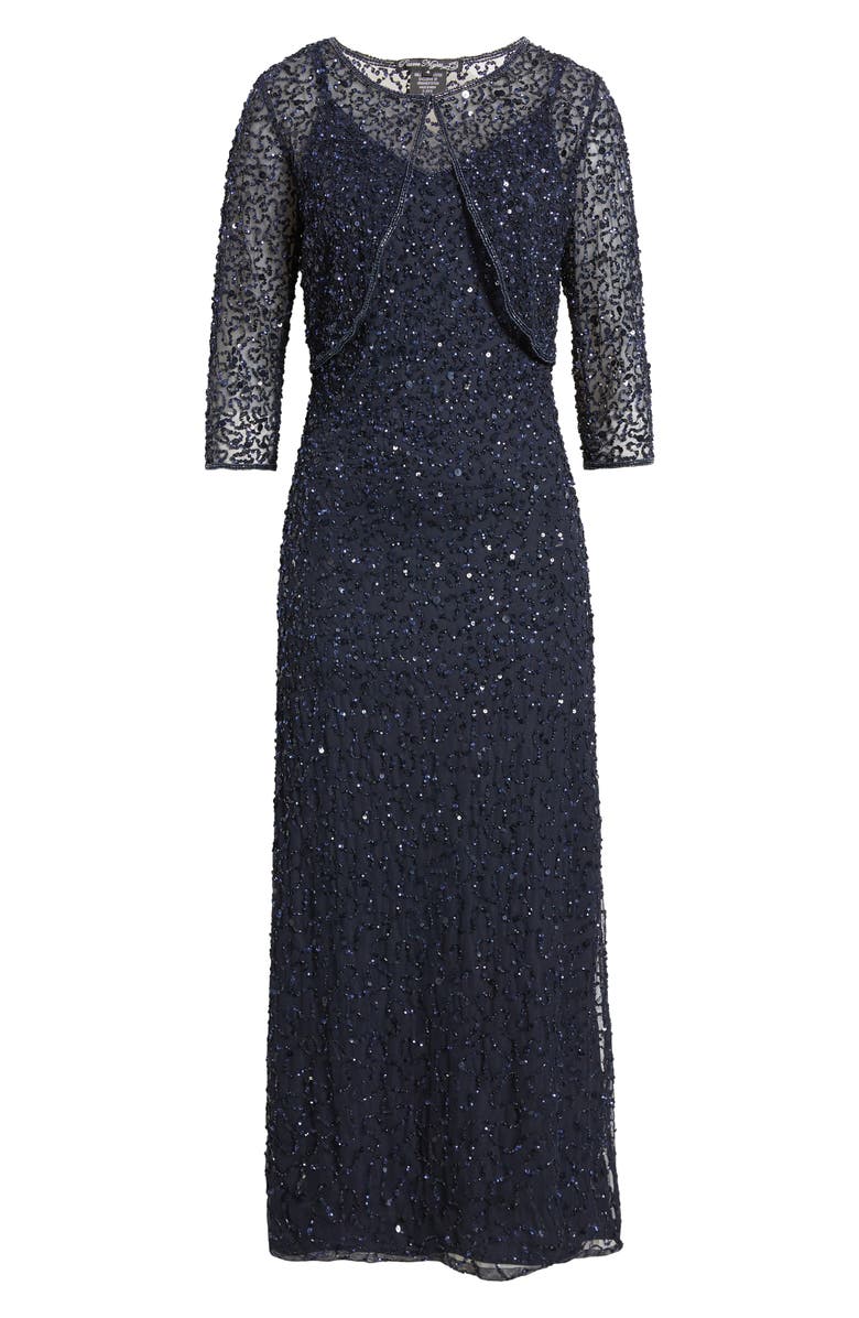 Pisarro Nights Beaded Sequin Gown with Bolero, Alternate, color, Navy