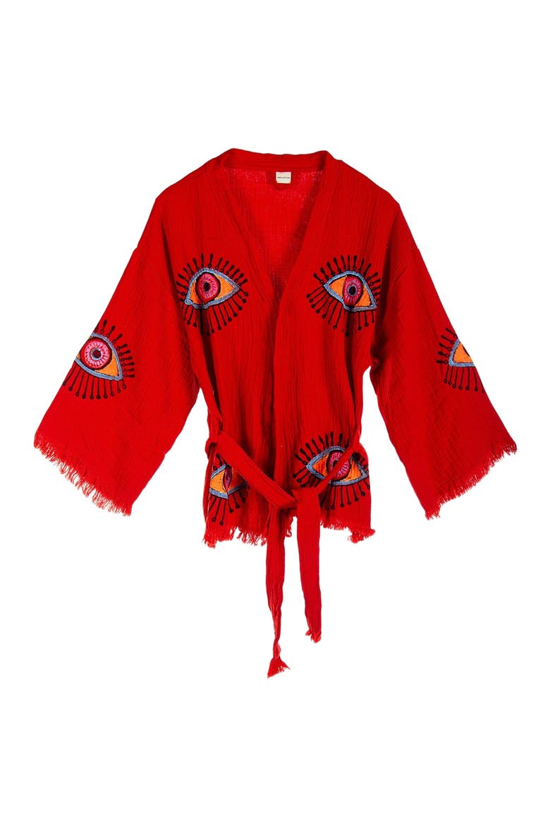 Sereia Evil Eye Handmade Cotton Short Robe Cover-Up, Main, color, Red