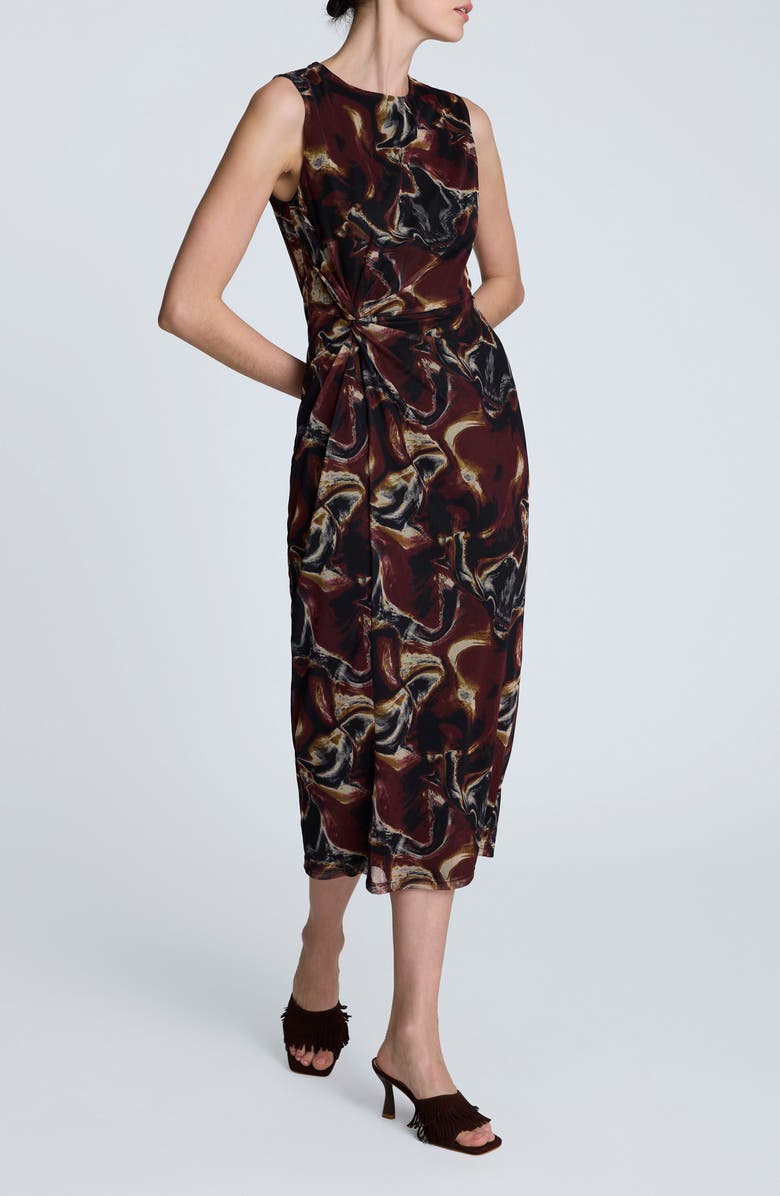 Kenneth Cole Abstract Print Side Ruched Midi Dress, Alternate, color, Black Multi