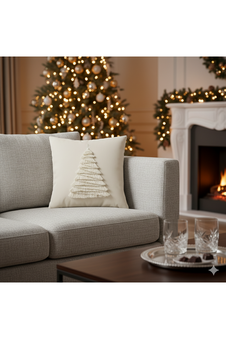 Fraser Fir Handmade Applique Woven Accent Holiday Pillow, Alternate, color, Ivory