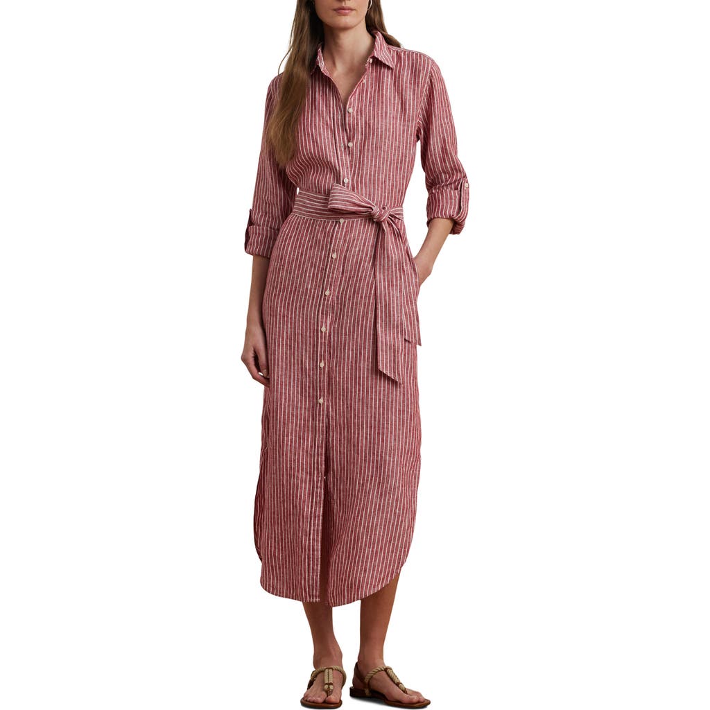 Ralph Lauren Womens Striped Linen Roll Tab Sleeve Shirtdress 0p 22w In Pink