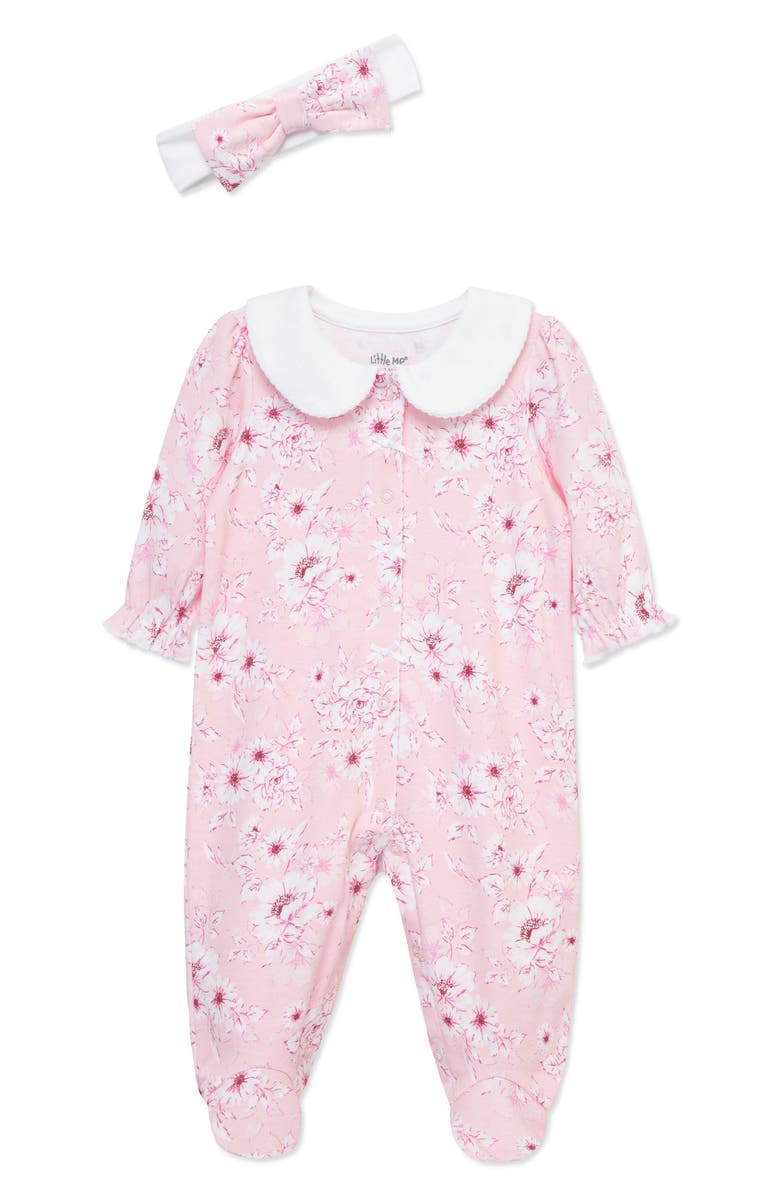 Little Me Shaded Roses Cotton Footie & Headband Set, Alternate, color, Pink