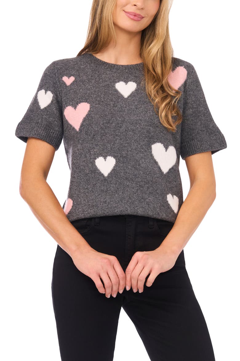 Heart Short Sleeve Crewneck Sweater, Main, color, HEATHER GREY