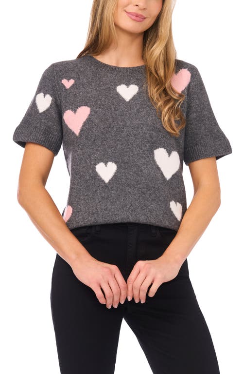 Cece Heart Short Sleeve Crewneck Sweater In Gray
