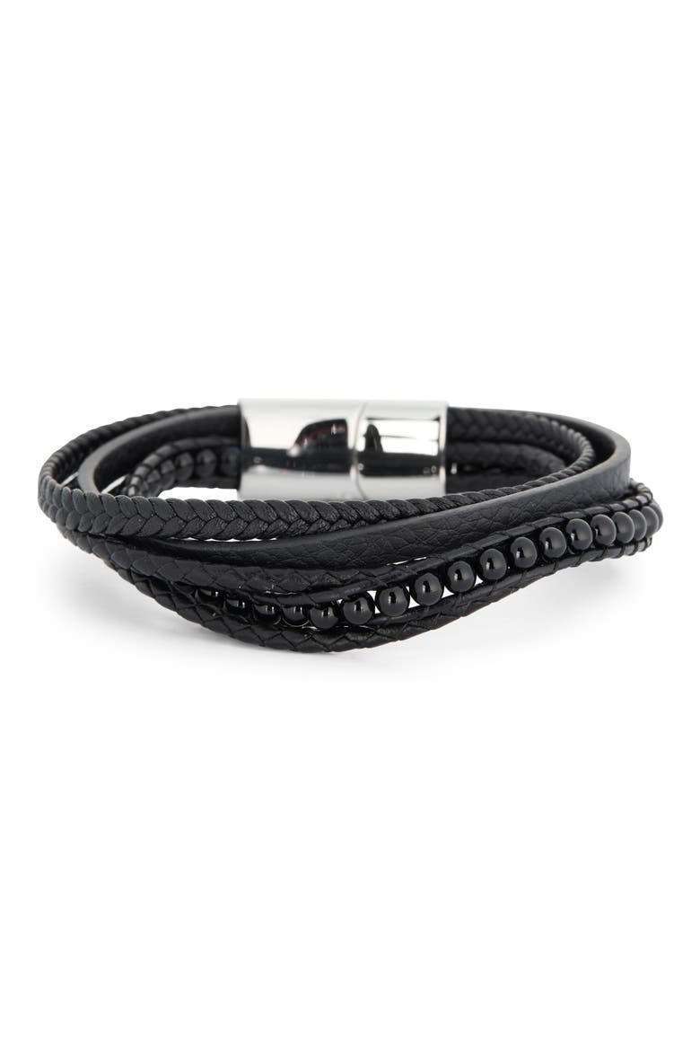 Men's Faux Leather & Bead Bracelet, Alternate, color, BLACK