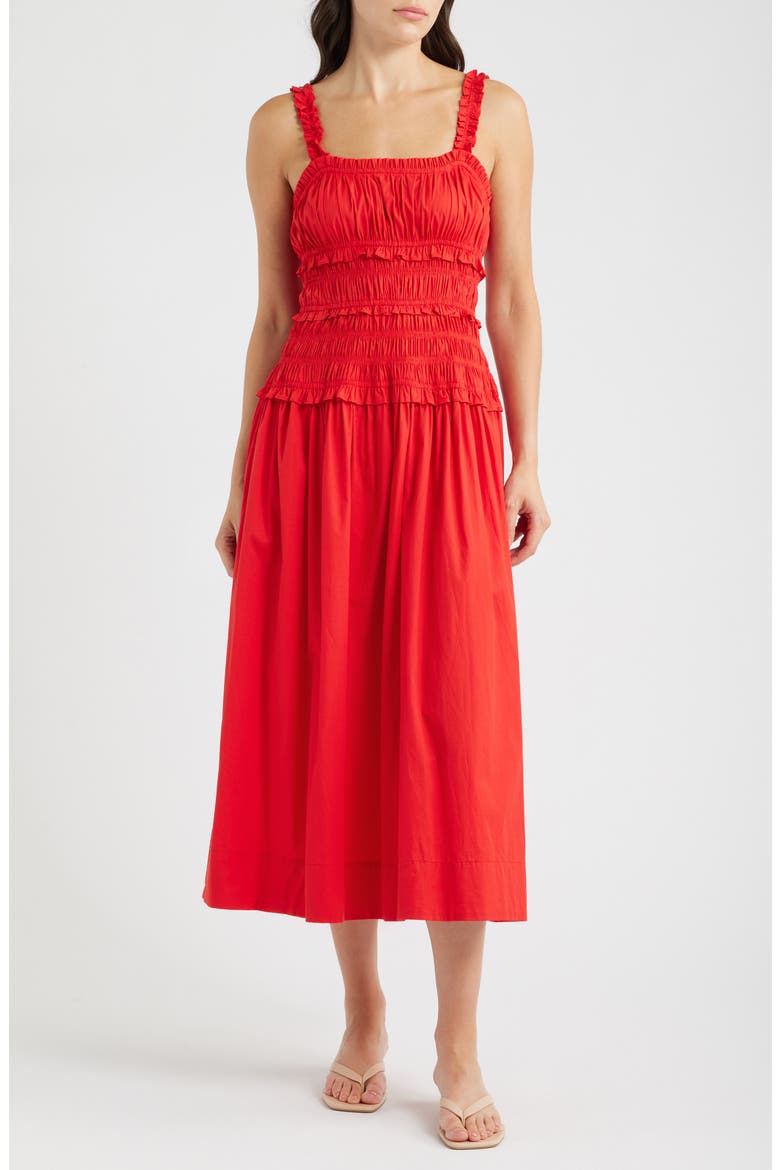 Ruffled Smocked Stretch Cotton Sundress, Main, color, CLASSIC CHERRY