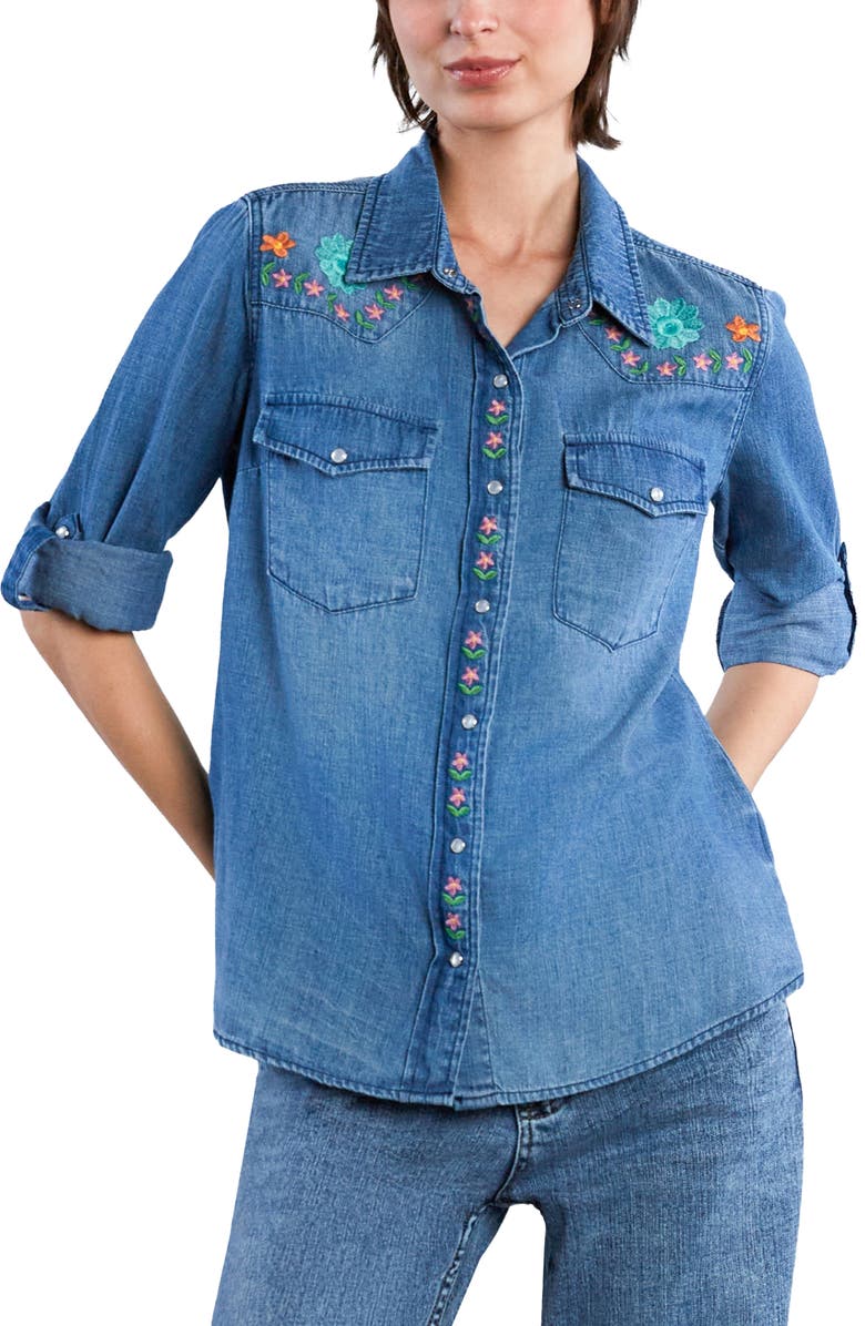 Billy T Two Step Floral Embroidered Denim Snap-Up Shirt, Main, color, Denim