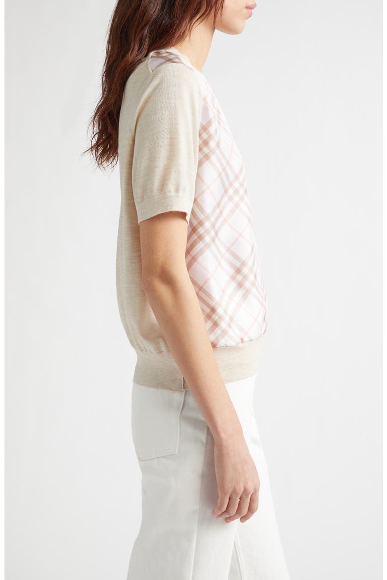 Sandrina Scarf Front Short Sleeve Wool & Silk Crewneck Sweater, Alternate, color, BEIGE/ QUARTZ PINK IP CHECK