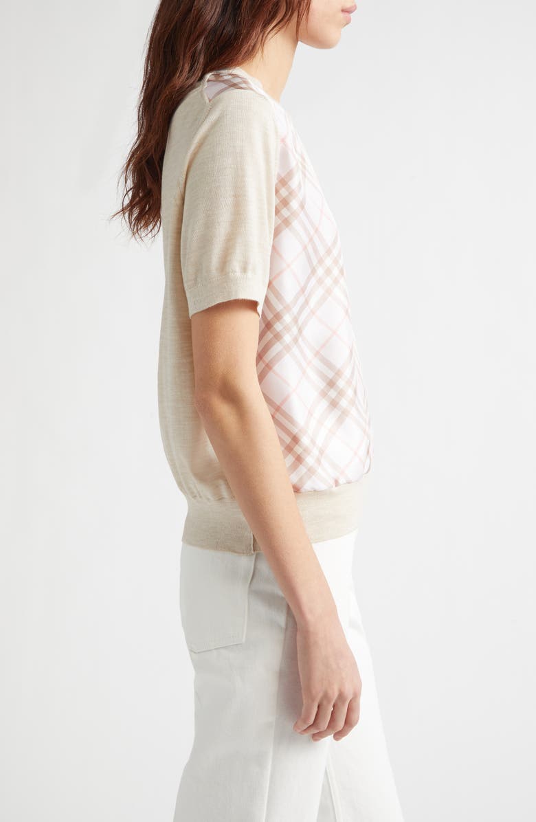 Burberry Sandrina Scarf Front Short Sleeve Wool & Silk Crewneck Sweater, Alternate, color, Beige/ Quartz Pink Ip Check