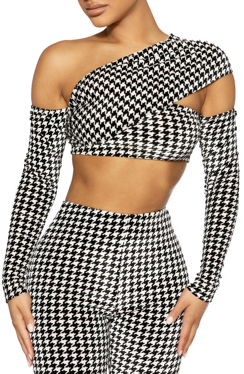 Naked Wardrobe Houndstooth One-Shoulder Crop Top, Main, color, 
