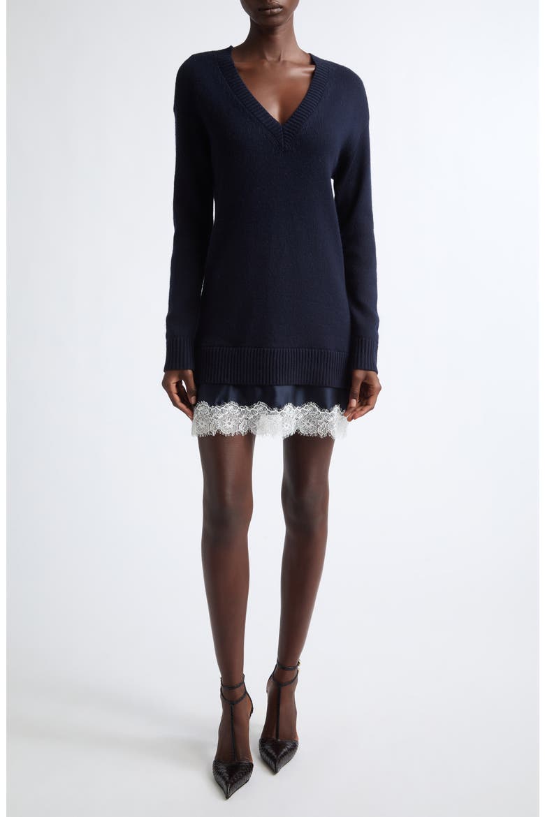 Simona Lace Trim Long Sleeve Sweater Dress, Main, color, NAVY/ NAVY