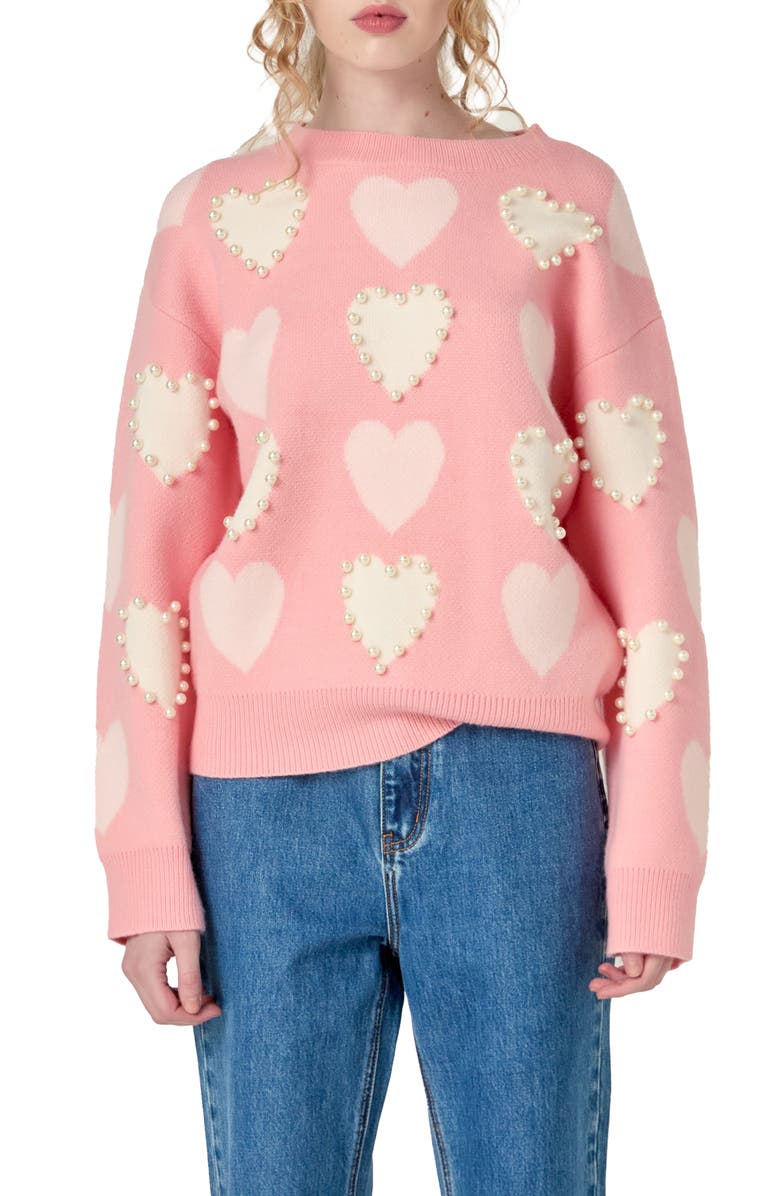 English Factory Heart Faux Pearl Embellished Crewneck Sweater, Alternate, color, Light Pink