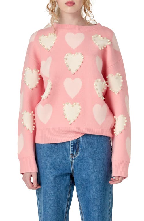 ENGLISH FACTORY ENGLISH FACTORY HEART FAUX PEARL EMBELLISHED CREWNECK SWEATER