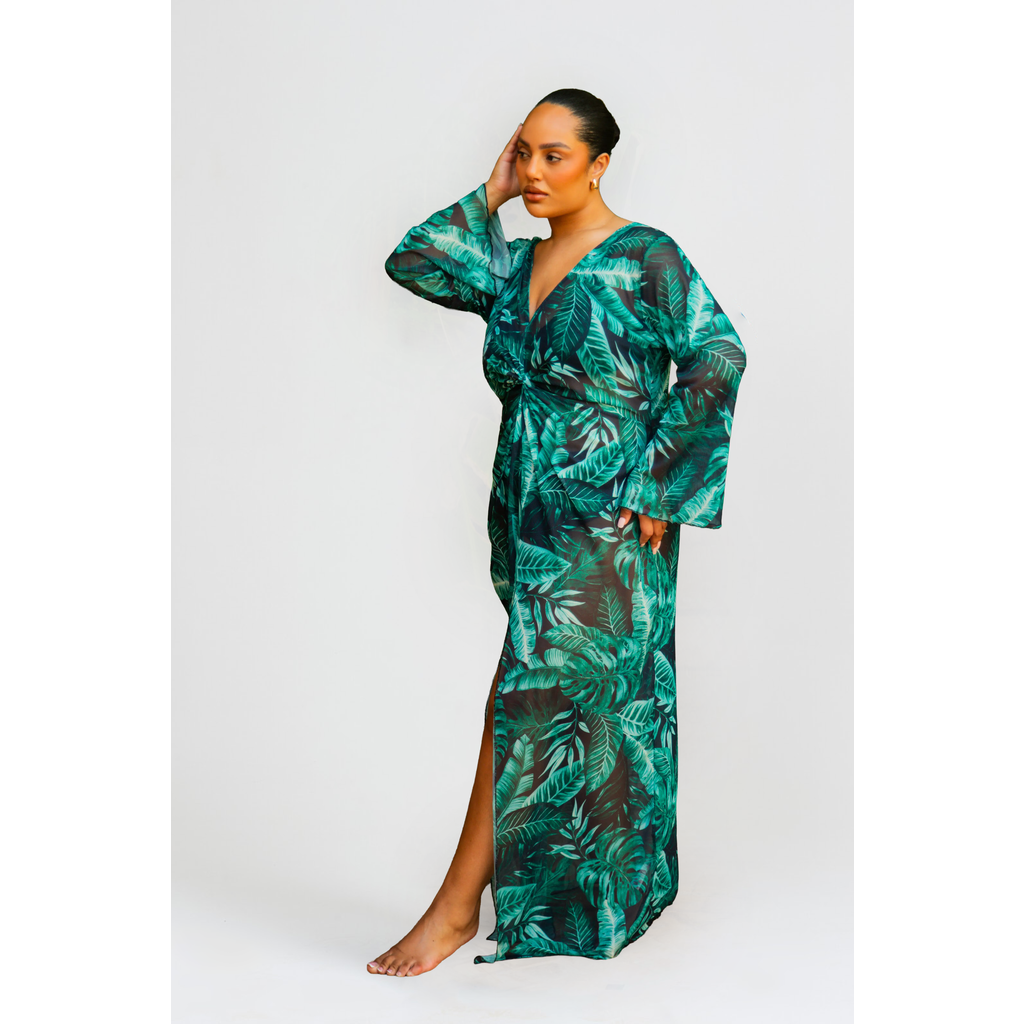 Fashion-szn Curve Curve Palm Print Twist Front Kaftan In Green