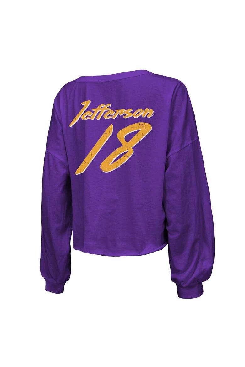 Women's Majestic Threads Justin Jefferson Purple Minnesota Vikings Name & Number Off-Shoulder Script Cropped Long Sleeve V-Neck T-Shirt, Alternate, color, Purple