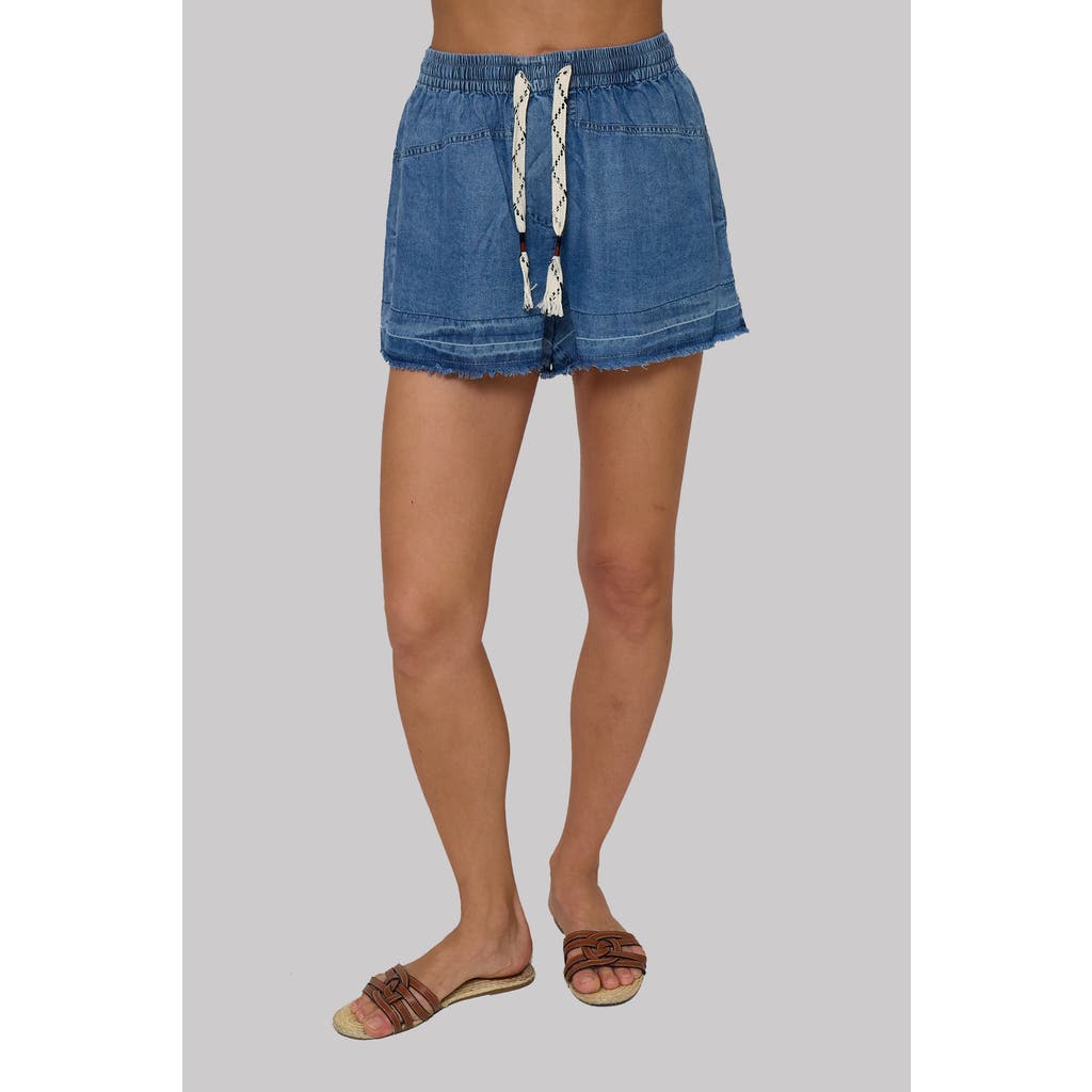 Central Park West Celine Mid Rise Drawstring Shorts In Blue