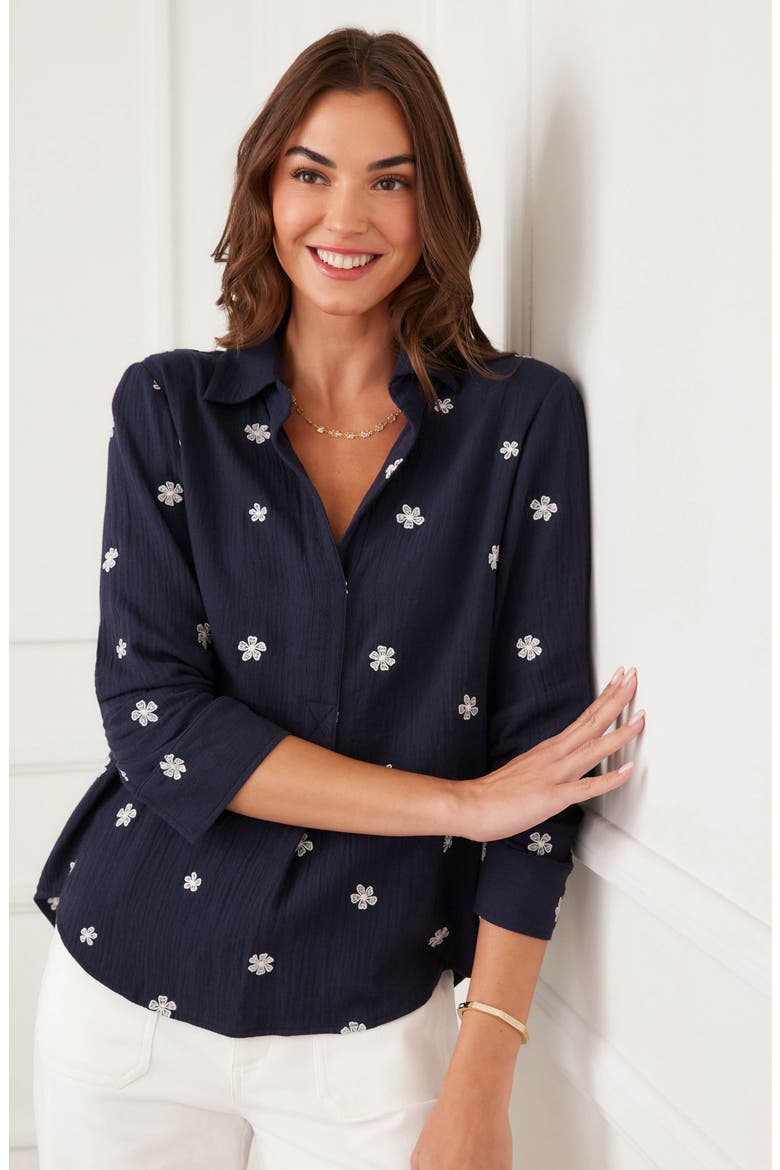 Embroidered Ruched Sleeve Cotton Gauze Shirt, Alternate, color, NAVY