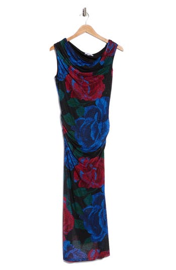 Afrm Los Angeles Aurelie Draped One-shoulder Embellished Mesh Midi Dress In Blue