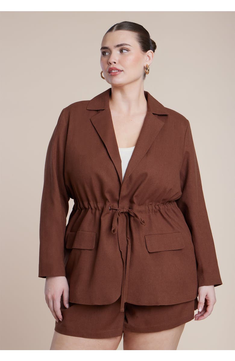 ELOQUII Drawstring Waist Linen Blazer, Main, color, Downtown Brown
