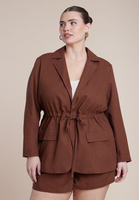 Drawstring Waist Linen Blazer (Plus)