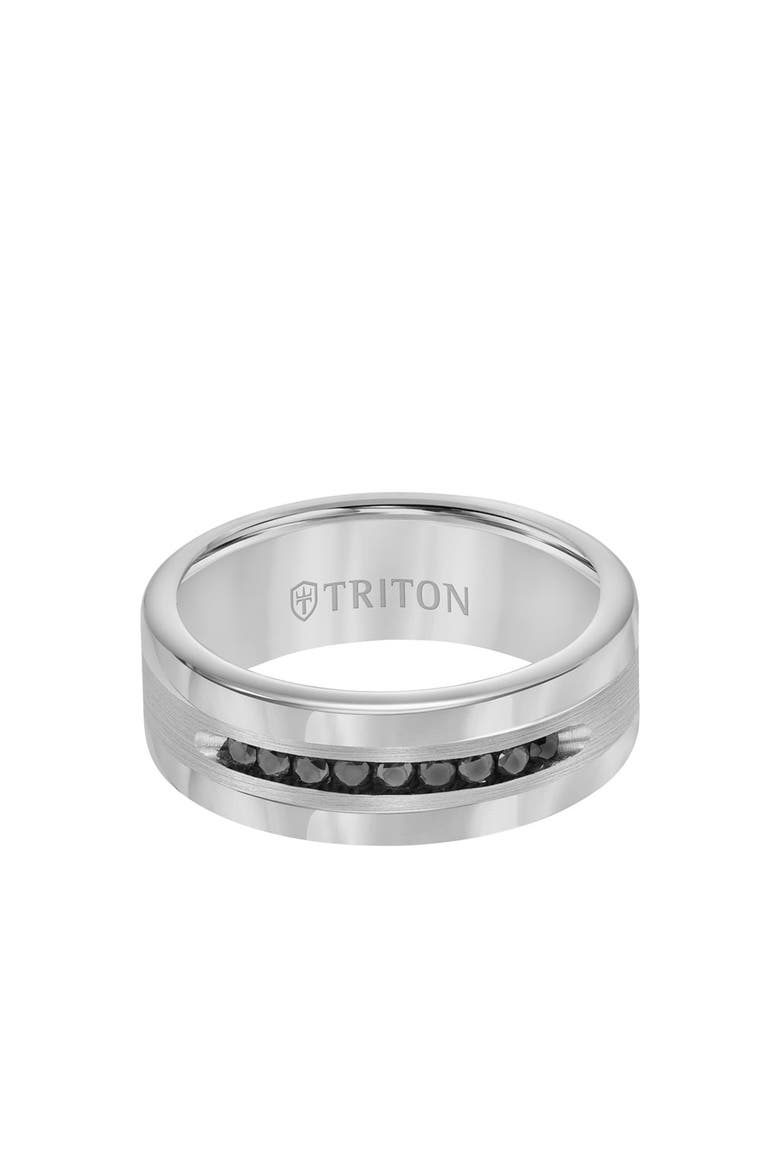 8MM Ring with Channel Set Black Diamonds Silver Satin Finish and Round Edge, Alternate, color, Metallic Silver